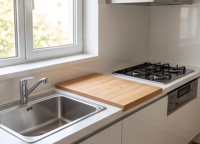 Căn bếp hiện đại có bồn rửa và bếp nấu được bố trí cách nhau một khoảng an toàn trên mặt bàn bếp
