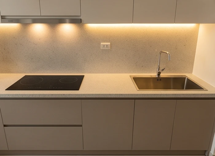 Mặt bàn bếp giật cấp với chậu rửa chén được đặt thấp hơn vùng nấu khoảng ba centimet để ngăn nước tràn