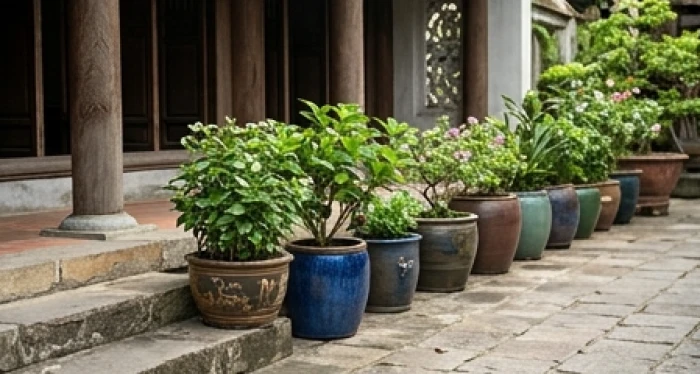 Các chậu cây hoa sứ được bố trí cách mép bậc thềm hiên nhà một khoảng an toàn giúp lối đi thông thoáng