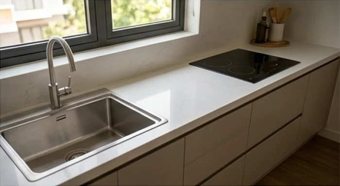 Bố trí bồn rửa bát bằng inox và bếp từ trên cùng một mặt bàn đá với khoảng cách ở giữa trên sáu mươi centimet