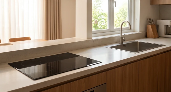 Bàn đá bếp hiện đại duy trì khoảng cách an toàn 60cm giữa khu vực chậu rửa nước và bếp nấu