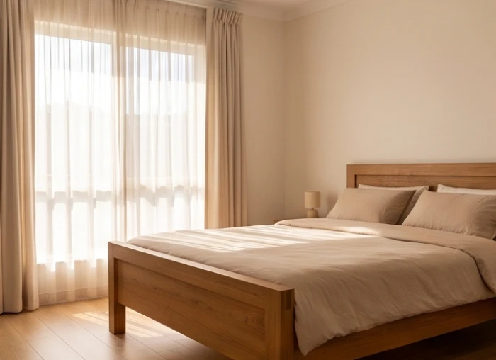 Đầu giường gỗ đặt cách mép cửa sổ một khoảng an toàn đảm bảo sự lưu thông không khí dịu nhẹ