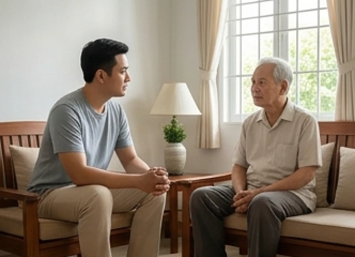 Con cháu giữ khoảng cách giao tiếp vừa phải khi trò chuyện với người cao tuổi trong phòng khách gia đình