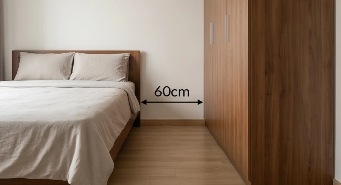 Khoảng trống an toàn trên 50cm giữa cạnh giường ngủ và tủ quần áo trong phòng ngủ gia đình