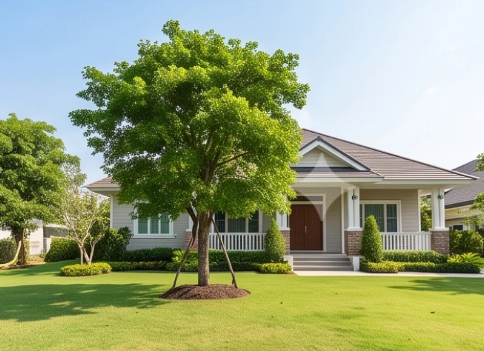 Khoảng sân trước nhà rộng rãi với cây bóng mát được trồng cách xa mép bậc tam cấp đúng chuẩn