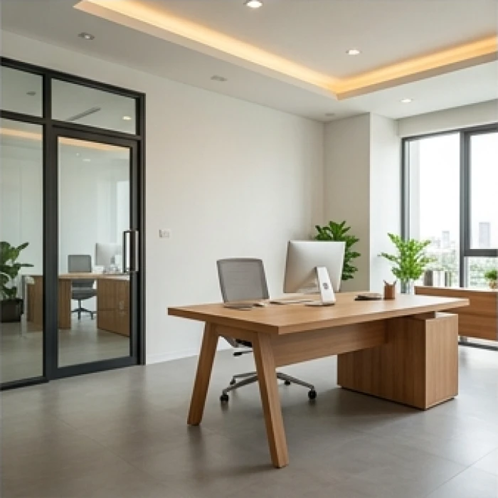Bàn làm việc bố trí chéo góc 45 độ và cách xa cửa ra vào văn phòng đảm bảo sự yên tĩnh và kín đáo