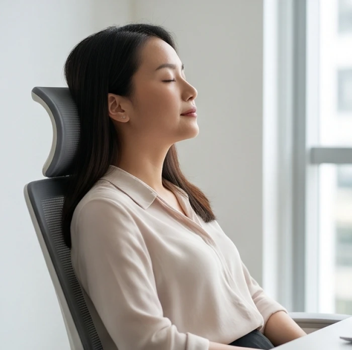 Phụ nữ tuổi Dần nhắm mắt hít sâu để tĩnh tâm và kiểm soát cảm xúc trước khi phản hồi trong cuộc họp