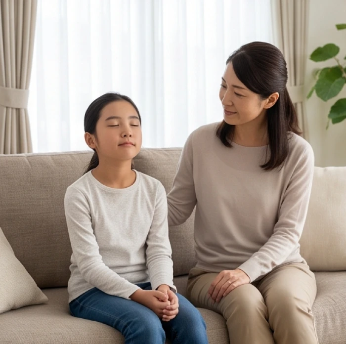 Người mẹ ngồi im lặng bên cạnh để chờ con gái tự xoa dịu cảm xúc sau một cơn bùng nổ tức giận