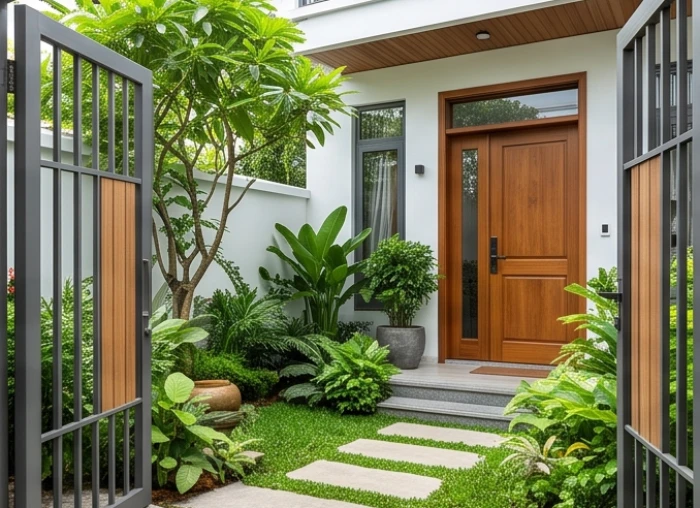 Khoảng sân nhỏ trồng cây xanh làm vùng đệm giữa cổng sắt bên ngoài và cửa chính bằng gỗ của ngôi nhà