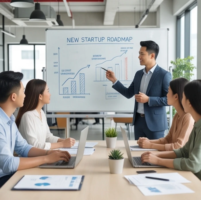 Nhà sáng lập trẻ tuổi Dần trình bày ý tưởng công nghệ sáng tạo trong không gian làm việc khởi nghiệp năng động