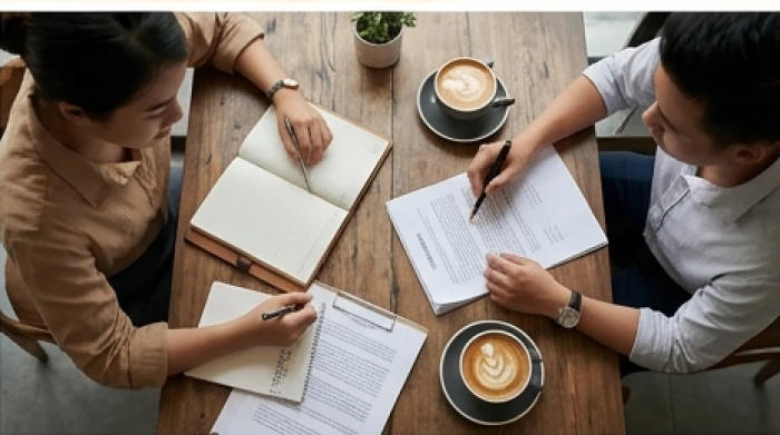 Hai sáng lập viên trẻ tuổi Kỷ Mão thảo luận quy trình quản lý quán cà phê và thỏa thuận tỷ lệ lợi nhuận