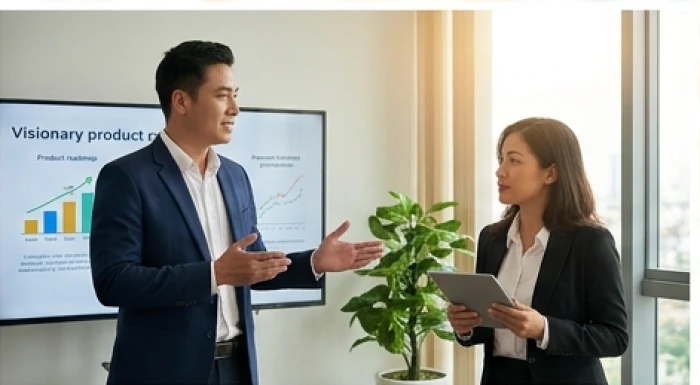 Doanh nhân nam Đinh Mão thuyết trình tầm nhìn song hành cùng đối tác phụ trách tài chính gọi vốn
