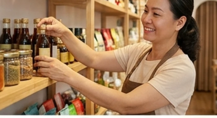 Chủ cửa hàng nhỏ đang vui vẻ sắp xếp hàng hóa trên kệ trưng bày để chuẩn bị đón khách