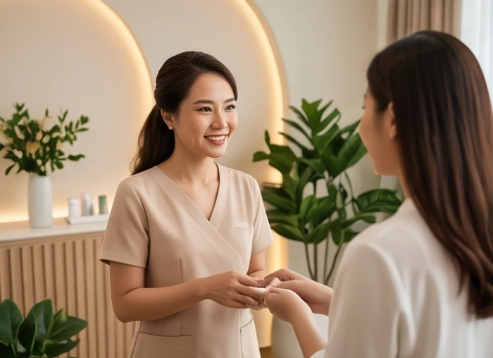 Nữ chủ cửa hàng spa làm đẹp tuổi Tuất tư vấn tận tâm và chăm sóc khách hàng thân thiết tại không gian thẩm mỹ viện