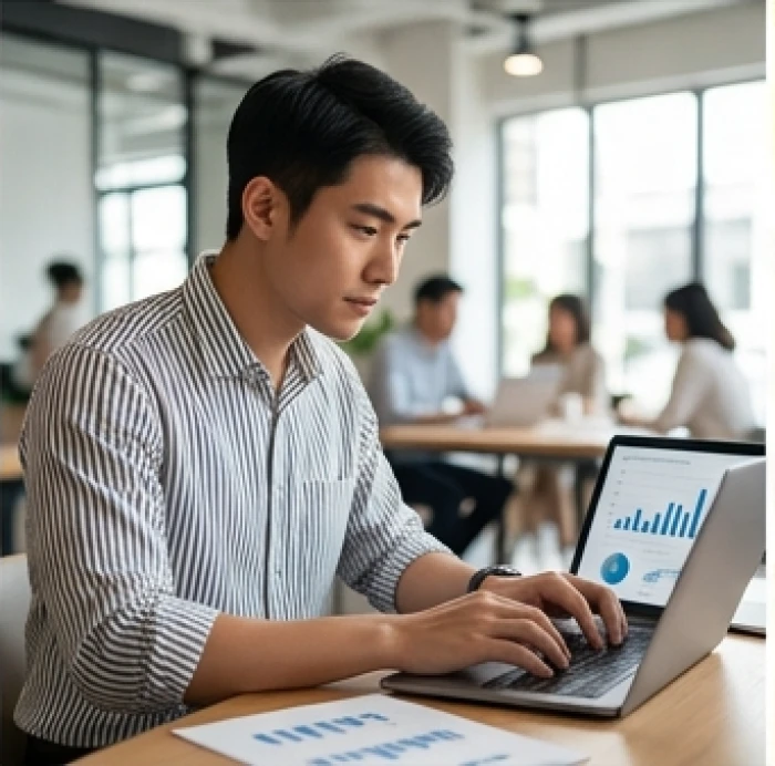 Nam thanh niên đang phân tích biểu đồ tài chính trên màn hình máy tính xách tay