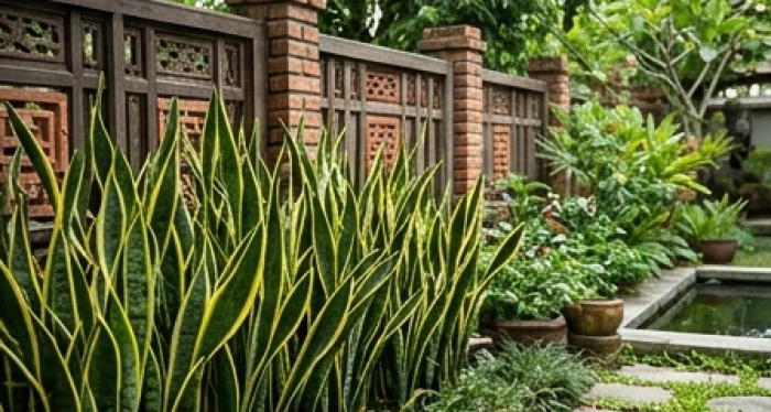 Khóm cây lưỡi hổ viền vàng vươn thẳng đứng dọc theo bức tường rào đá của khu vườn mặt tiền