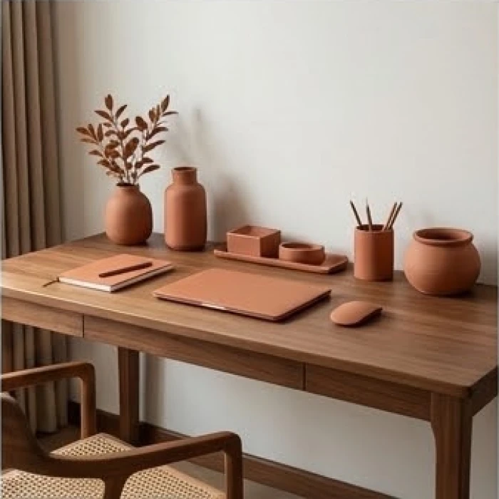 Góc làm việc trầm ấm với bàn gỗ nguyên khối và các vật dụng trang trí mang tông màu nâu đất hợp với người mệnh Thổ