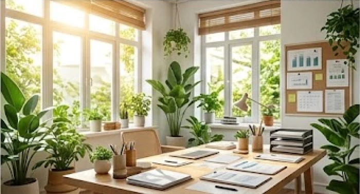 Bàn làm việc ngập tràn ánh sáng tự nhiên với nhiều cây xanh và tài liệu khơi nguồn cảm hứng sáng tạo