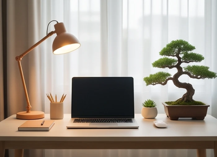 Một góc làm việc cá nhân yên tĩnh được thiết kế tối giản để tăng cường sự tập trung và tái tạo năng lượng