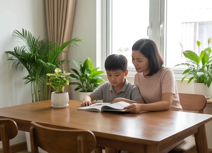 Cha mẹ và con cái tuổi bính thân 2016 cùng nhau đọc sách trong không gian nội thất gỗ ấm cúng mang năng lượng Mộc