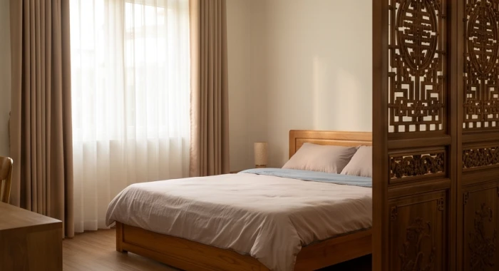 Phòng ngủ người già được bố trí tách biệt với khu vực sinh hoạt chung để đảm bảo sự tĩnh lặng