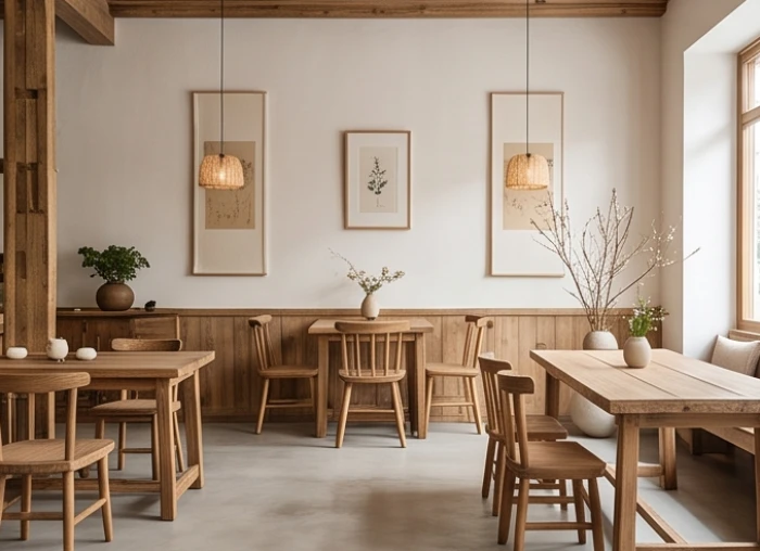 Nhà hàng chay được thiết kế tĩnh lặng với nội thất gỗ mộc mạc và ánh sáng tự nhiên
