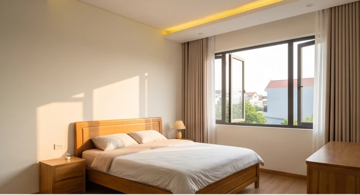 Phòng ngủ tràn ngập ánh sáng tự nhiên với khung cửa sổ rộng mở hỗ trợ thông trường khí cho người tuổi canh thìn 1940