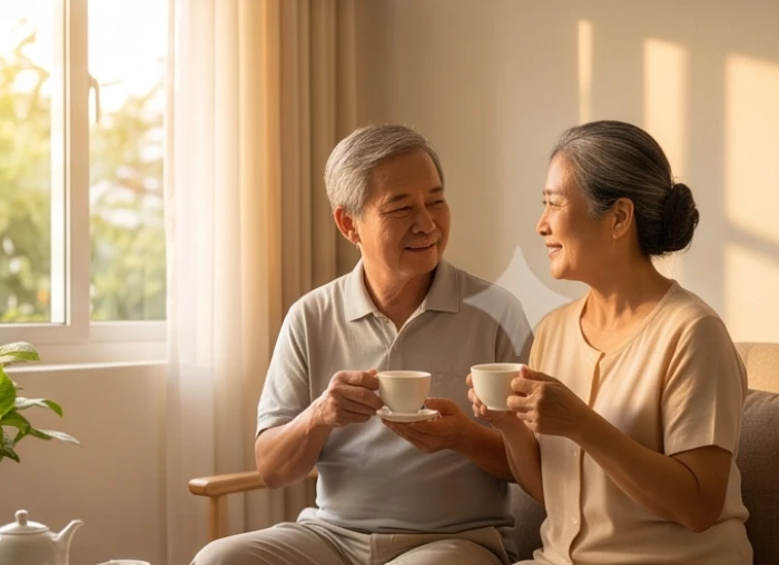 Cặp đôi lớn tuổi đang cùng nhau thưởng trà trong không gian sinh hoạt ngập tràn ánh nắng thanh bình