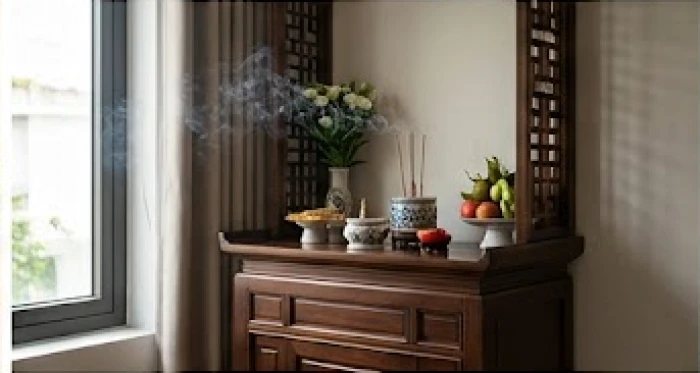 Không gian bàn thờ bằng gỗ tự nhiên được đặt tại vị trí yên tĩnh và trang nghiêm
