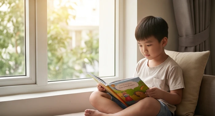 Bé trai tuổi Mậu Tuất ngồi tĩnh tâm đọc sách bên góc cửa sổ thoáng đãng để tự điều chỉnh cảm xúc cá nhân