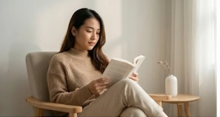 Người phụ nữ thư giãn trong không gian riêng tư tĩnh lặng để tái tạo năng lượng sau áp lực lớn