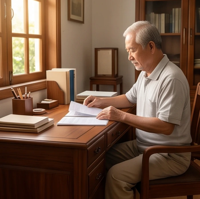 Người đàn ông lớn tuổi an tâm sắp xếp hồ sơ cá nhân tại bàn làm việc gỗ trong phòng riêng