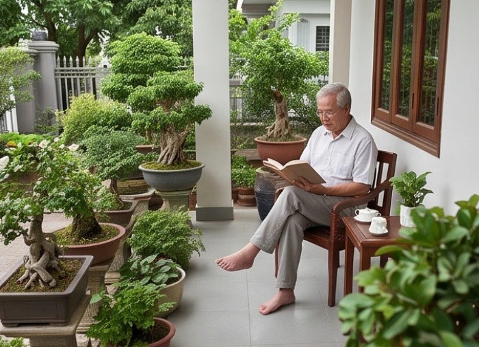Góc trà đạo yên tĩnh bên hiên nhà giúp người cao tuổi thư giãn tâm trí và tránh thị phi