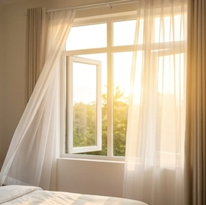 Cửa sổ phòng ngủ mở rộng đón ánh nắng mai rực rỡ chiếu qua lớp rèm vải trắng mỏng manh