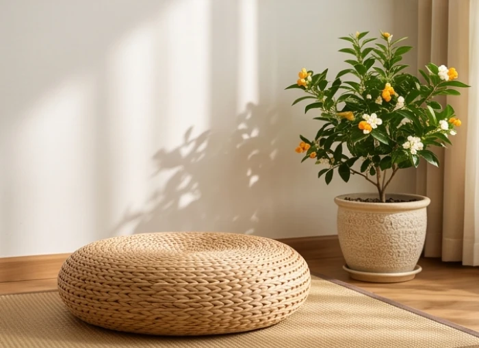 Góc không gian yên tĩnh với đệm ngồi thiền và chậu cây nguyệt quế tỏa hương thơm nhẹ nhàng