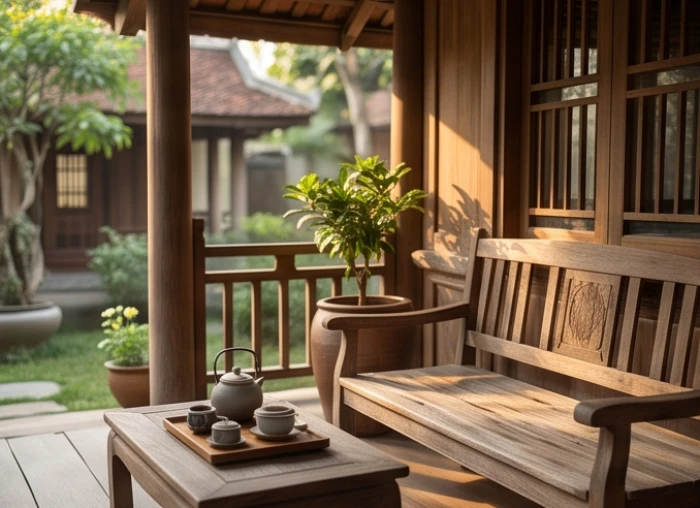 Góc thư giãn bên hiên nhà ngập tràn ánh nắng ấm áp từ phương vị Tây Nam