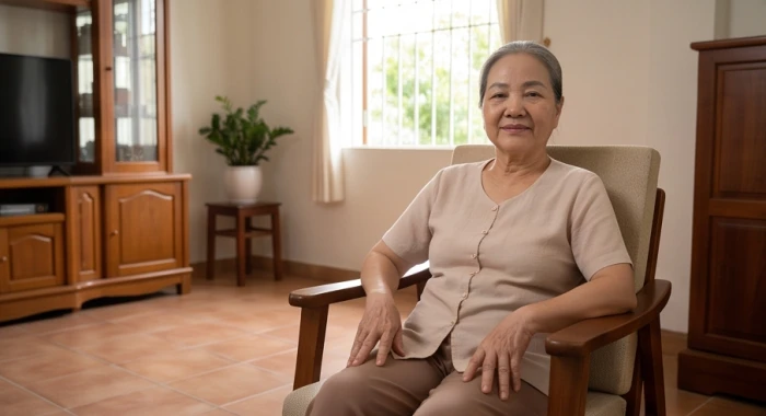 Người phụ nữ cao tuổi nghỉ ngơi thư thái bên cửa sổ phòng khách yên tĩnh giúp bồi đắp năng lượng bản mệnh Thủy