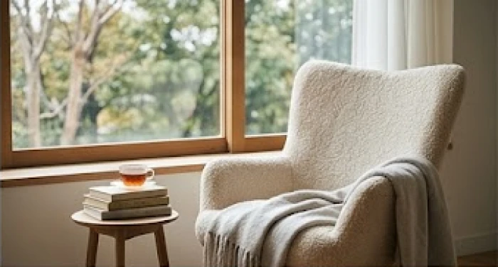Một góc đọc sách yên tĩnh bên cửa sổ với ánh nắng nhẹ nhàng giúp tâm trí bình tâm