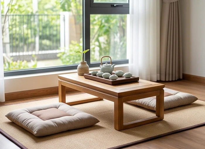 Khu vực bàn trà nhỏ cạnh cửa sổ đón ánh sáng tự nhiên cho người cao tuổi