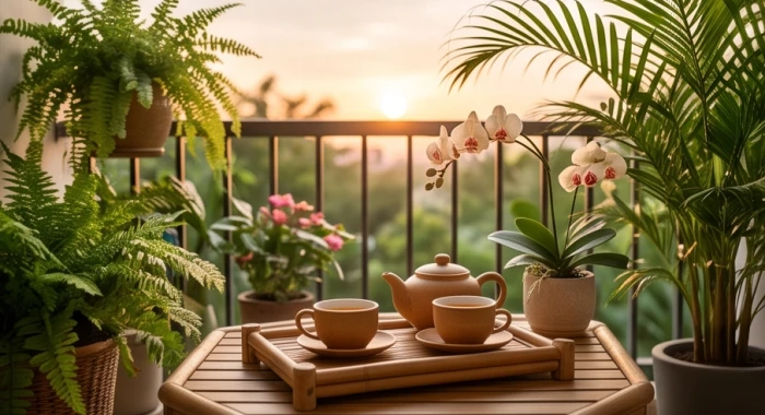 Góc bàn trà ban công yên tĩnh bên đôi tách trà sứ ấm cúng cùng chậu lan xanh tươi