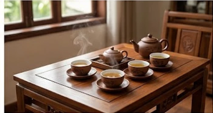 Bàn trà bằng gỗ nguyên khối được sắp xếp gọn gàng với tách trà thanh nhiệt giúp xoa dịu cảm xúc