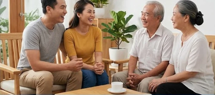 Cuộc họp mặt gia đình ngập tràn nụ cười với sự đồng thuận giữa cha mẹ già và các con cháu trưởng thành