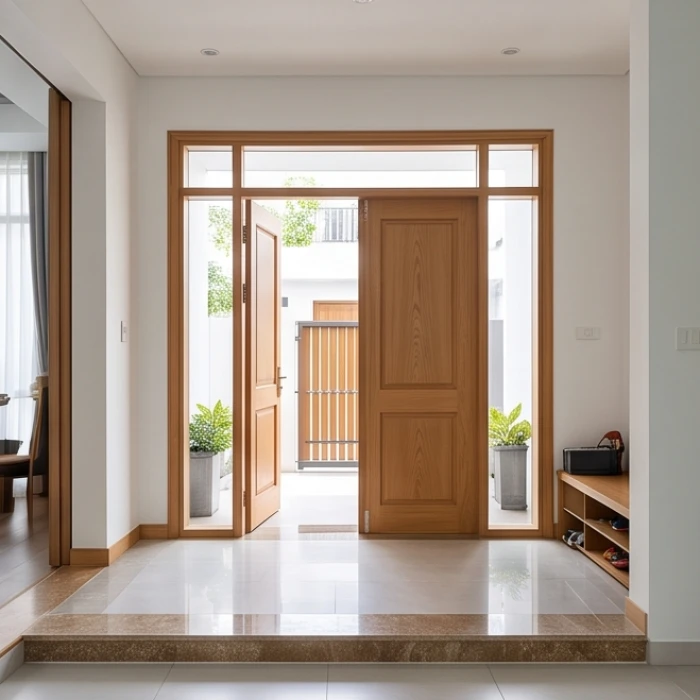 Lối đi cửa chính thềm gỗ đón ánh sáng tự nhiên được bố trí gọn gàng để kiểm soát và lưu thông sinh khí
