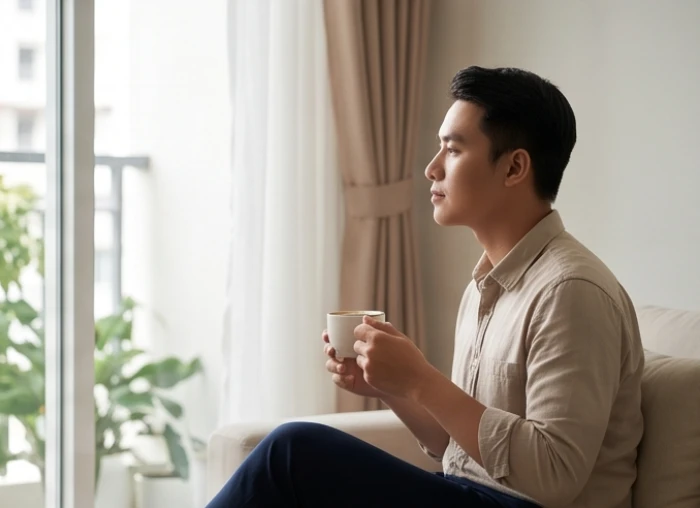 Nam giới tuổi Kỷ Mão suy ngẫm trầm tĩnh bên tách cà phê riêng biệt để tự cân bằng lại cảm xúc sau áp lực