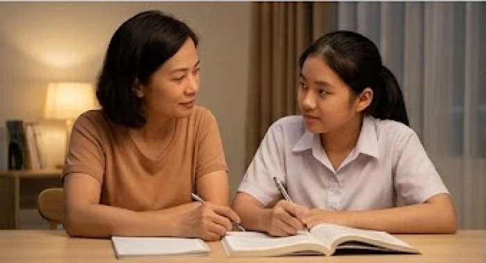 Cha mẹ lắng nghe và trò chuyện ôn hòa với con tại bàn học theo ba bước tháo gỡ rào cản tâm lý thi cử