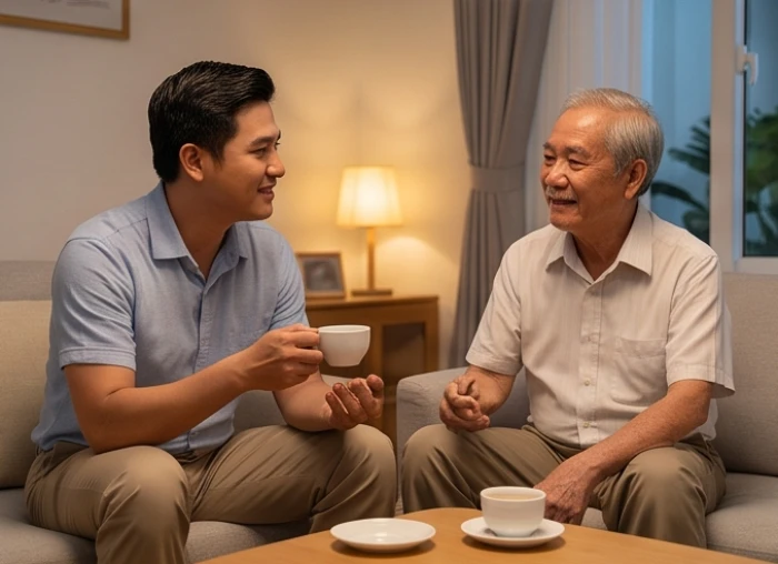 Con cháu ngồi ngang tầm mắt trò chuyện thân tình và tham vấn ý kiến ông bà Tân Tỵ sau bữa tối ấm áp