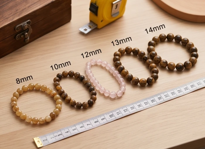 So sánh kích thước các hạt vòng tay đá từ 8mm đến 14mm đặt trên thước đo cổ tay chuẩn