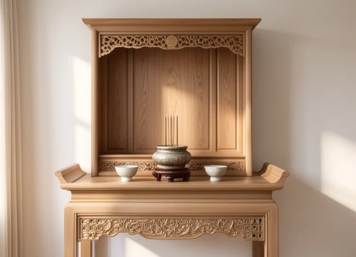 Bàn thờ gia tiên bằng gỗ tự nhiên được đo đạc chuẩn xác theo thước Lỗ Ban đặt tại không gian tĩnh