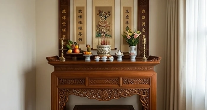 Bàn thờ gia tiên bằng gỗ tự nhiên chạm trổ tinh xảo đặt tại vị trí trang nghiêm nhất