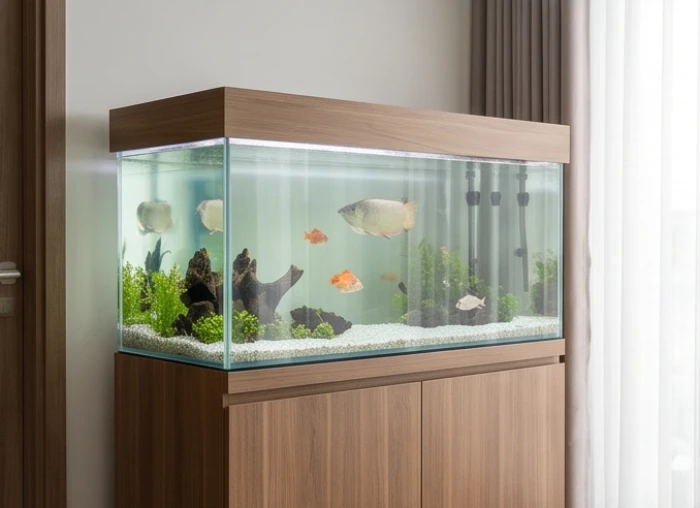 Bệ đỡ và hồ cá có kích thước chuẩn phong thủy đặt ở độ cao ngang tầm mắt trong phòng khách